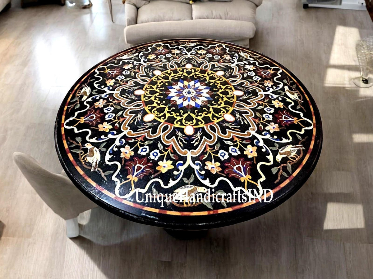Round Black Marble Center Table Top Semi Precious Stone Inlay Birds & Floral Pietra Dura Art Decorative Handmade Furniture For New Home Unique Handicrafts IND
