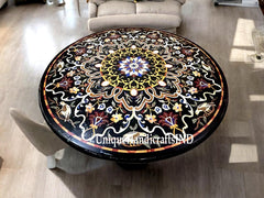 Round Black Marble Center Table Top Semi Precious Stone Inlay Birds & Floral Pietra Dura Art Decorative Handmade Furniture For New Home Unique Handicrafts IND