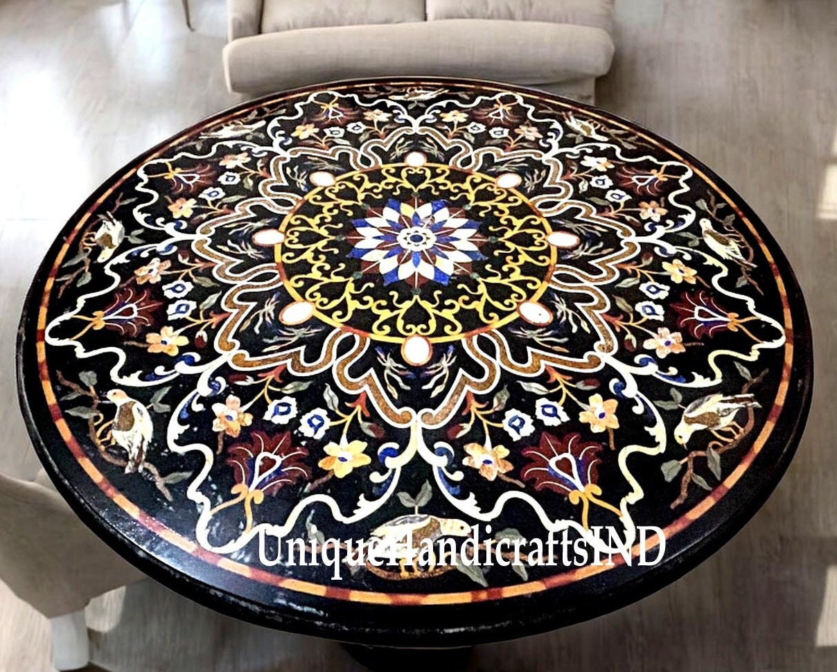 Round Black Marble Center Table Top Semi Precious Stone Inlay Birds & Floral Pietra Dura Art Decorative Handmade Furniture For New Home Unique Handicrafts IND