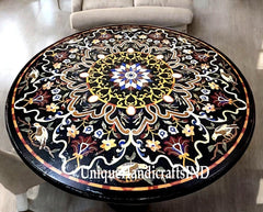 Round Black Marble Center Table Top Semi Precious Stone Inlay Birds & Floral Pietra Dura Art Decorative Handmade Furniture For New Home Unique Handicrafts IND