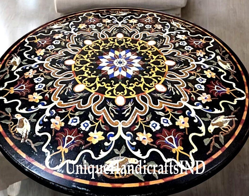 Round Black Marble Center Table Top Semi Precious Stone Inlay Birds & Floral Pietra Dura Art Decorative Handmade Furniture For New Home Unique Handicrafts IND