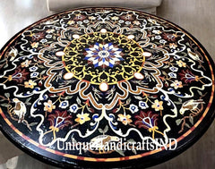 Round Black Marble Center Table Top Semi Precious Stone Inlay Birds & Floral Pietra Dura Art Decorative Handmade Furniture For New Home Unique Handicrafts IND