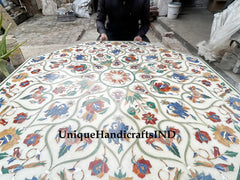 White Marble Coffee Table Top With Lapis Lazuli & Carnelian Marquetry Inlay Semi precious Floral Arts Mid Century Furniture Unique Handicrafts IND