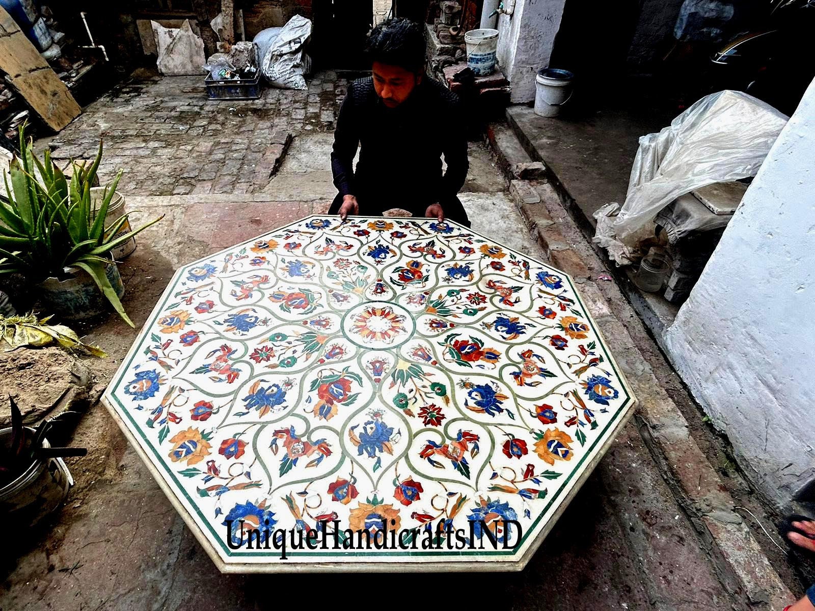 White Marble Coffee Table Top With Lapis Lazuli & Carnelian Marquetry Inlay Semi precious Floral Arts Mid Century Furniture Unique Handicrafts IND