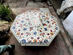 White Marble Coffee Table Top With Lapis Lazuli & Carnelian Marquetry Inlay Semi precious Floral Arts Mid Century Furniture Unique Handicrafts IND