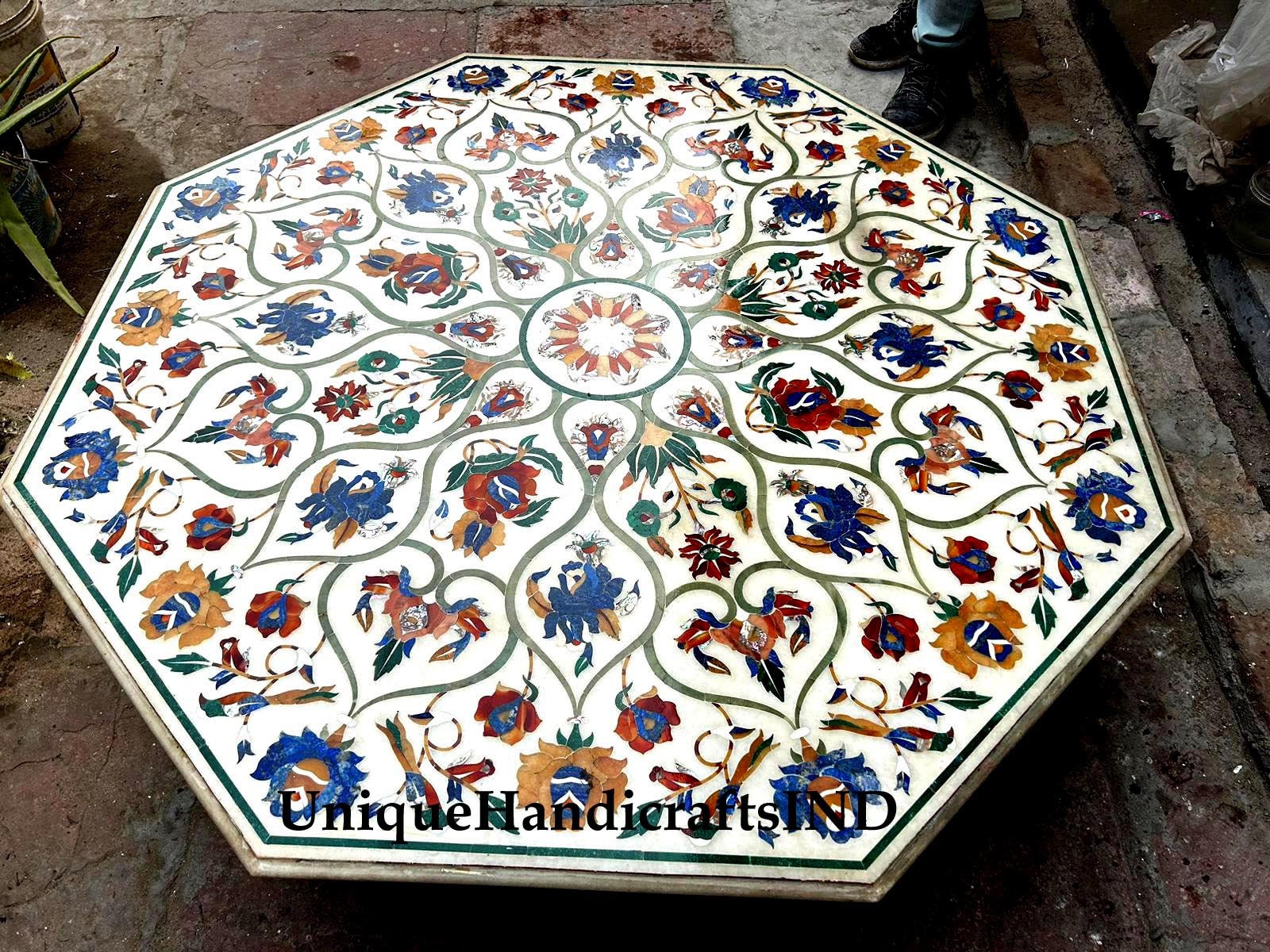 White Marble Coffee Table Top With Lapis Lazuli & Carnelian Marquetry Inlay Semi precious Floral Arts Mid Century Furniture Unique Handicrafts IND