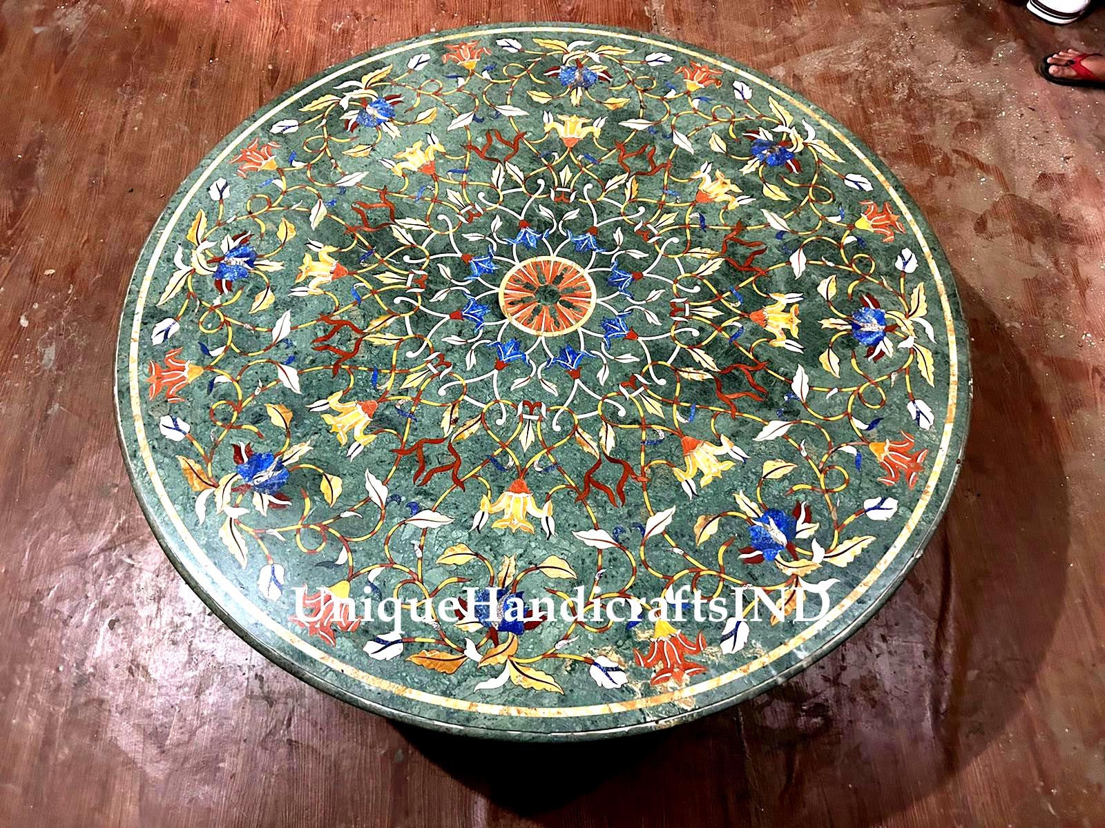 Green Marble Round Center Table Top Lapis lazuli Floral Fine Semi Precious Inlay Stone Pietra Dura Art Handmade Furniture Unique Handicrafts IND