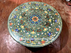 Green Marble Round Center Table Top Lapis lazuli Floral Fine Semi Precious Inlay Stone Pietra Dura Art Handmade Furniture Unique Handicrafts IND