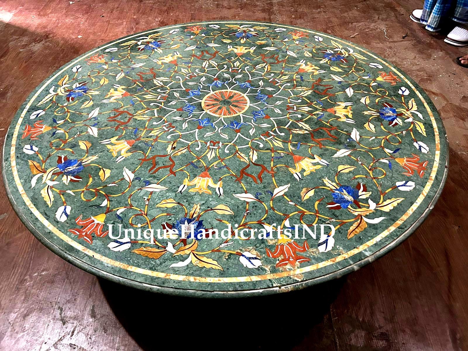 Green Marble Round Center Table Top Lapis lazuli Floral Fine Semi Precious Inlay Stone Pietra Dura Art Handmade Furniture Unique Handicrafts IND