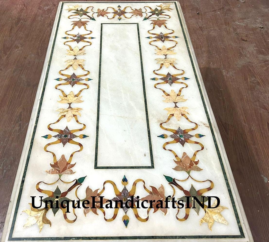 White Marble Coffee table top ,Dining Table Top With Inlaid semi precious stone Pietradura Design of Floral Pattern Handmade Furniture Unique Handicrafts IND