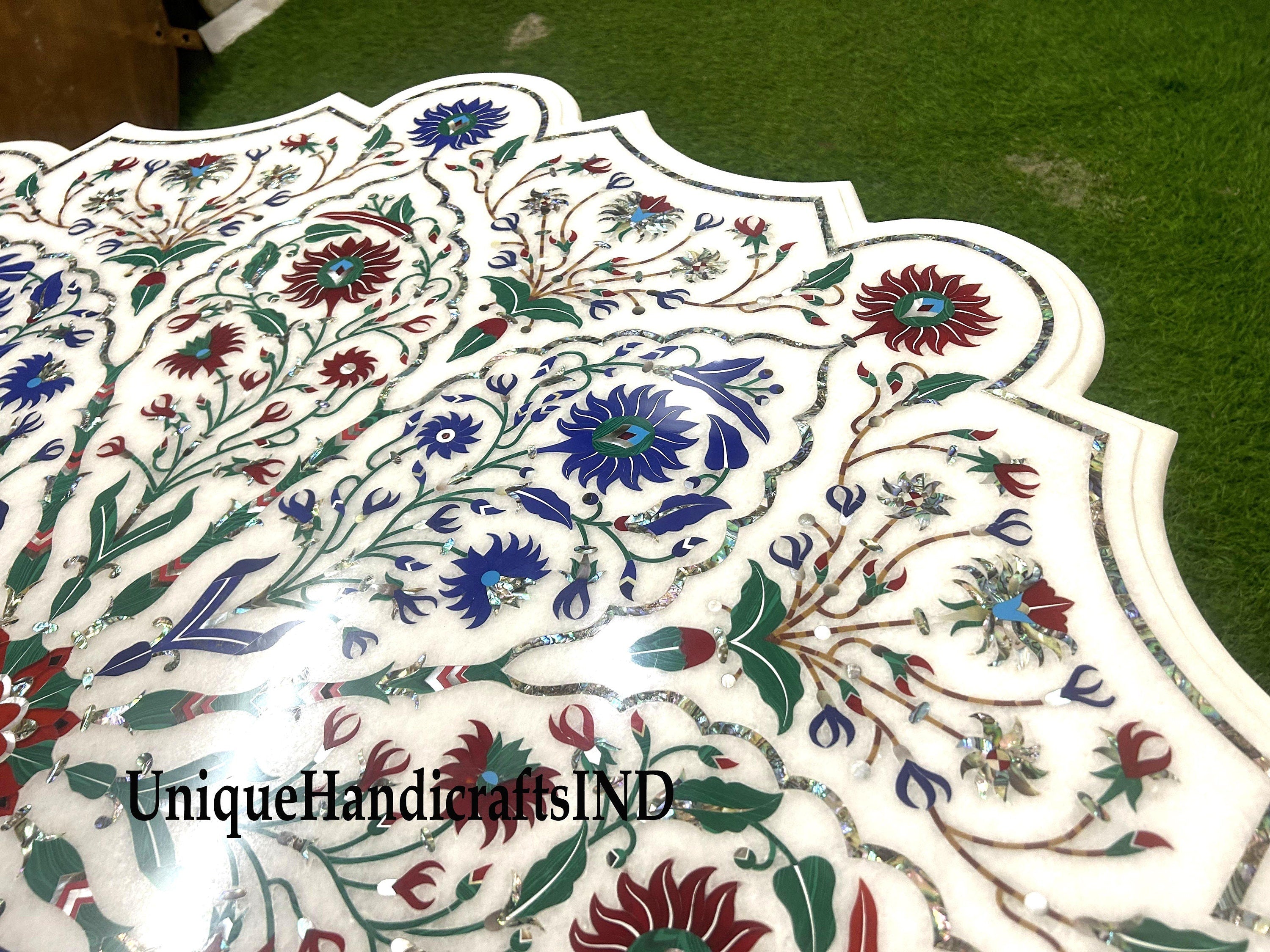 Marble Coffee Table Top Lapis Fine Floral Semi Precious Stones Inlay Marquetry Art Handmade Home Decor Furniture Unique Handicrafts IND