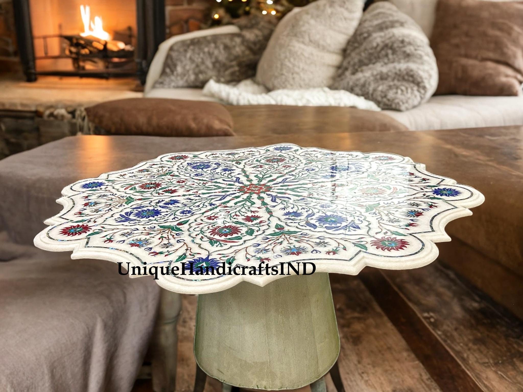 Marble Coffee Table Top Lapis Fine Floral Semi Precious Stones Inlay Marquetry Art Handmade Home Decor Furniture Unique Handicrafts IND