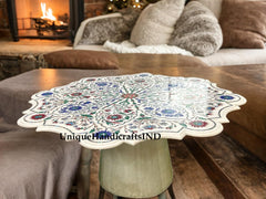 Marble Coffee Table Top Lapis Fine Floral Semi Precious Stones Inlay Marquetry Art Handmade Home Decor Furniture Unique Handicrafts IND