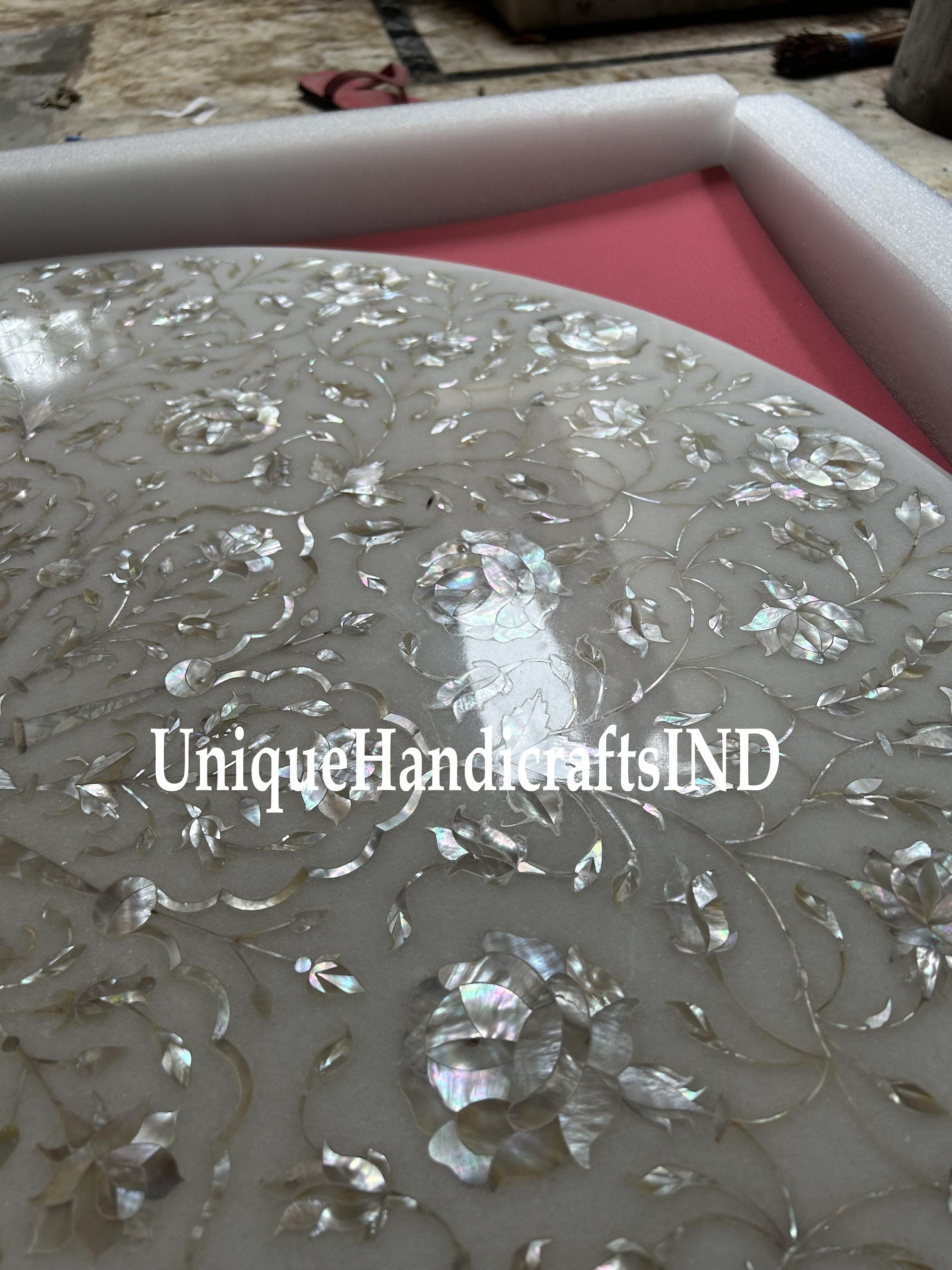 Marble Coffee Table Top with Mother of Pearl Stone Inlay Marquetry Floral Art Handmade Home Decor Furniture Unique Handicrafts IND