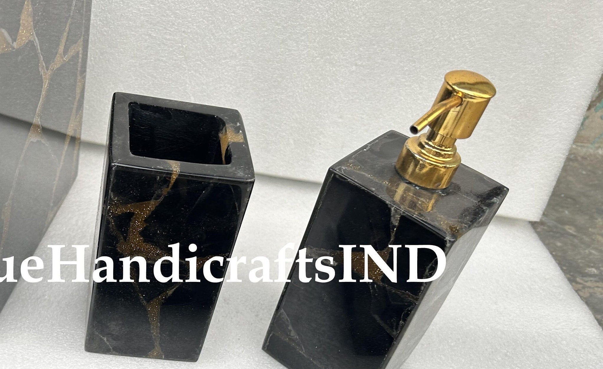 Bathroom Set 3 pcs With Black Obsidian stone Decorative Bathroom Accessories - Luxury Full Bathroom Set - Black Bathroom Decor Set Unique Handicrafts IND