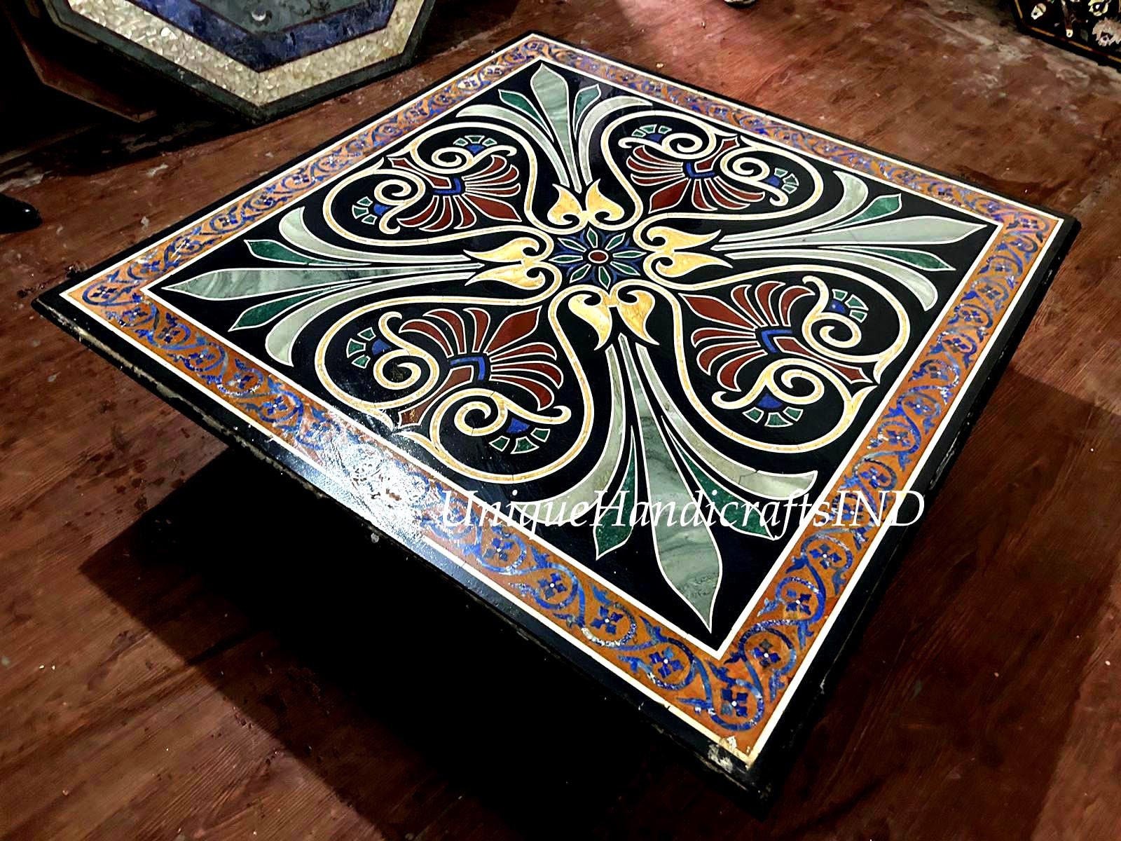 Black Marble Inlay Coffee Table Top Handmade Semi Precious Stone Mosaic Art Living Room Decor Furniture Unique Handicrafts IND