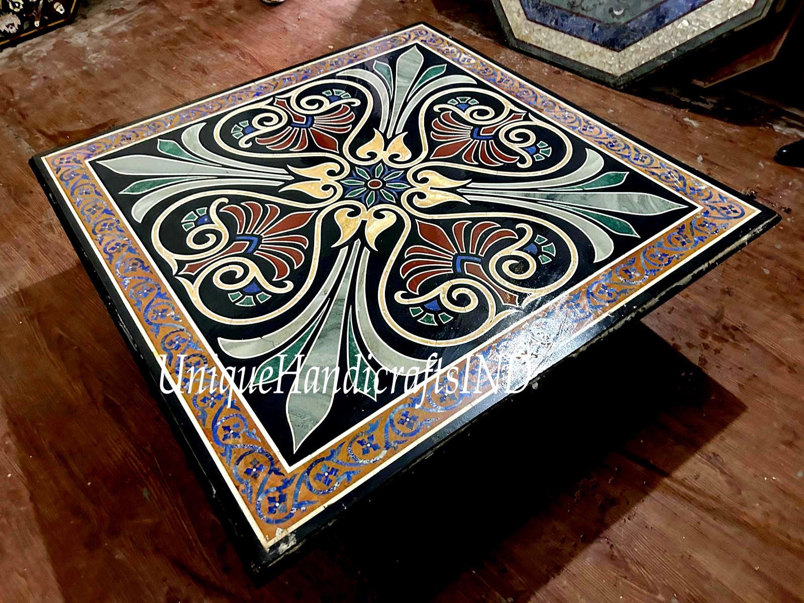 Black Marble Inlay Coffee Table Top Handmade Semi Precious Stone Mosaic Art Living Room Decor Furniture Unique Handicrafts IND