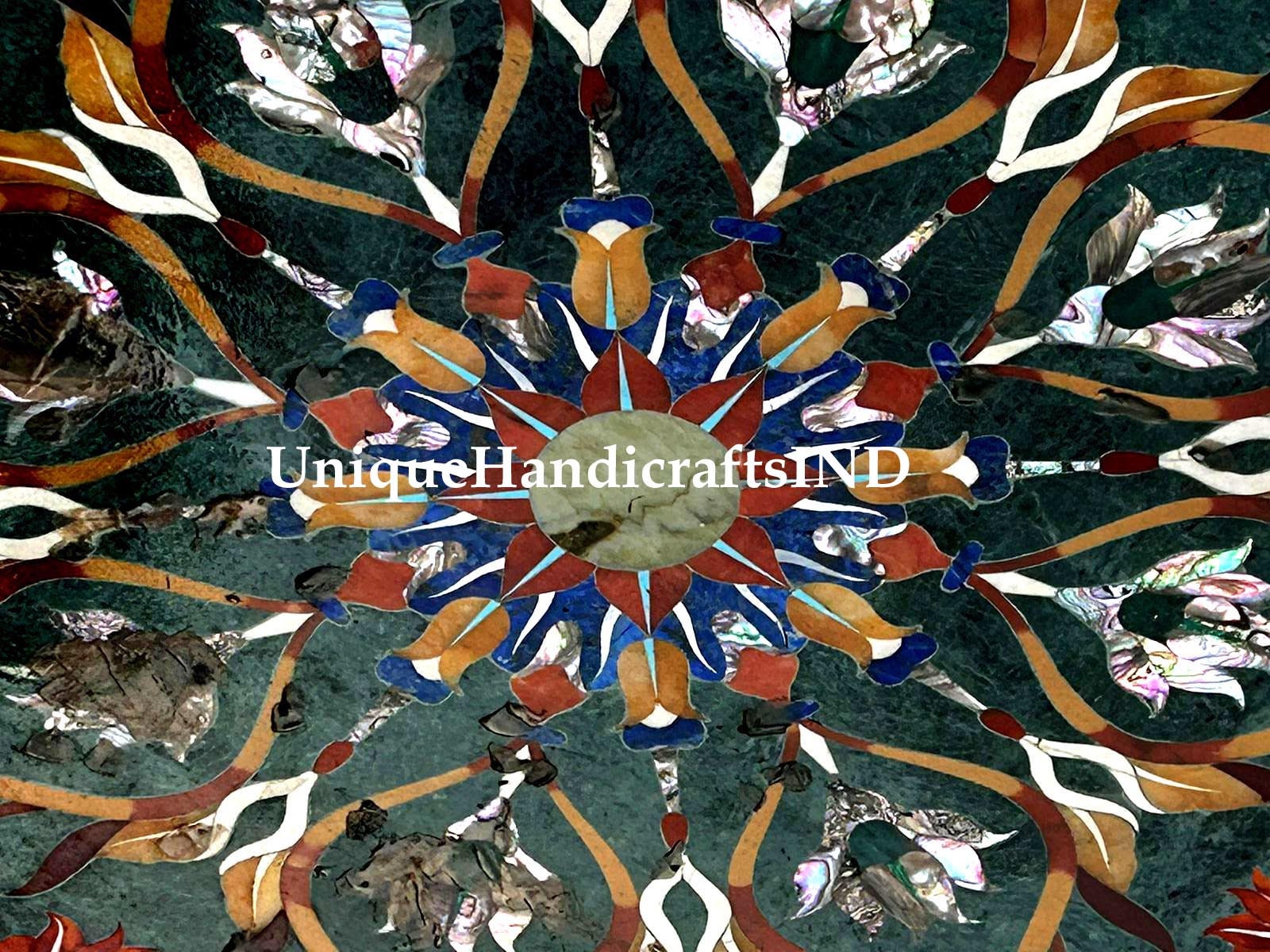 Green Marble Coffee Table Top Lapis Lazuli Semi Precious Stone Inlay Floral Art Decor Living Room Furniture Unique Handicrafts IND