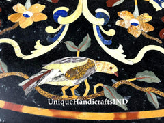 Round Black Marble Center Table Top Semi Precious Stone Inlay Birds & Floral Pietra Dura Art Decorative Handmade Furniture For New Home Unique Handicrafts IND