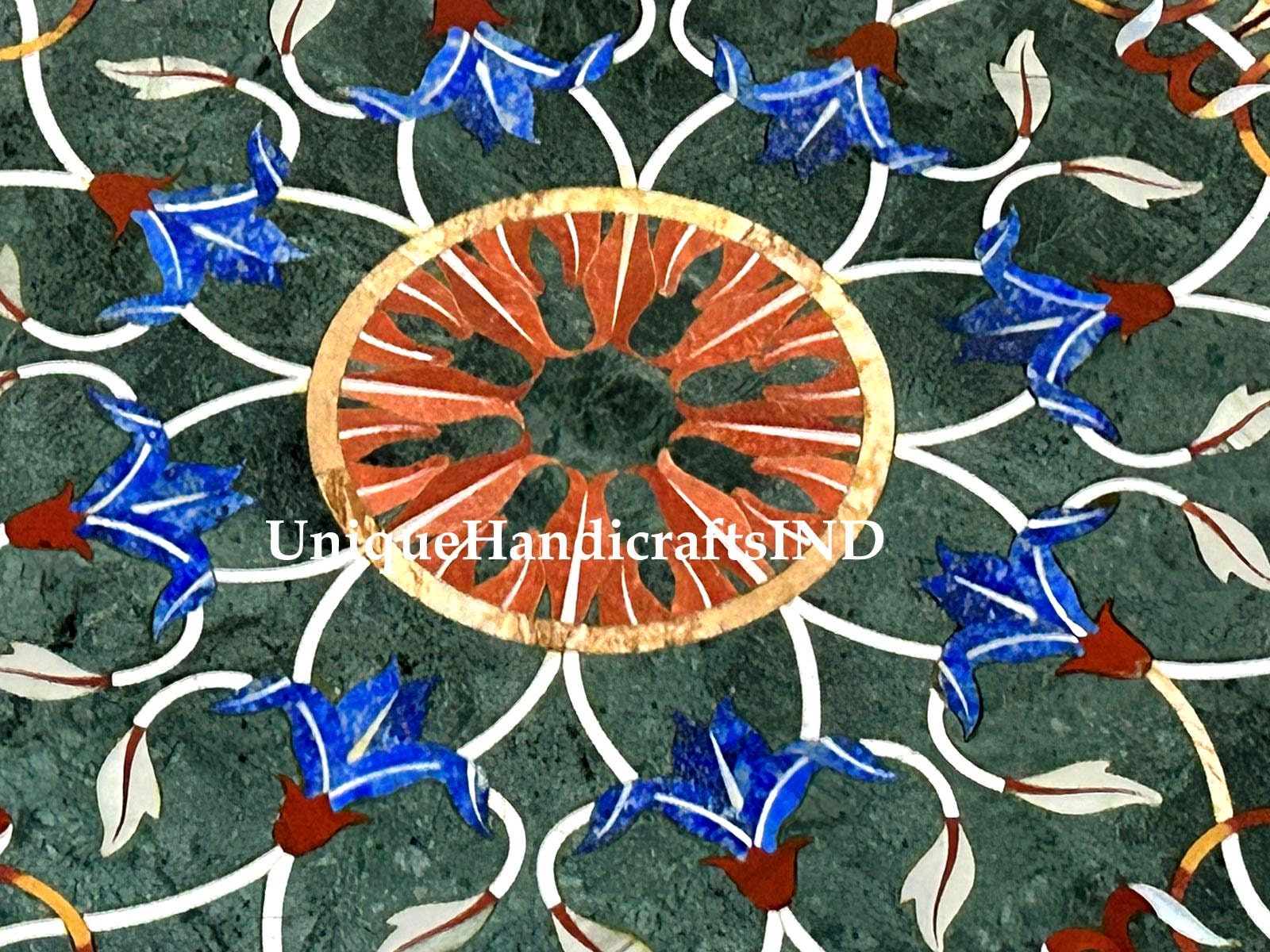 Green Marble Round Center Table Top Lapis lazuli Floral Fine Semi Precious Inlay Stone Pietra Dura Art Handmade Furniture Unique Handicrafts IND