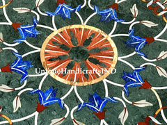 Green Marble Round Center Table Top Lapis lazuli Floral Fine Semi Precious Inlay Stone Pietra Dura Art Handmade Furniture Unique Handicrafts IND