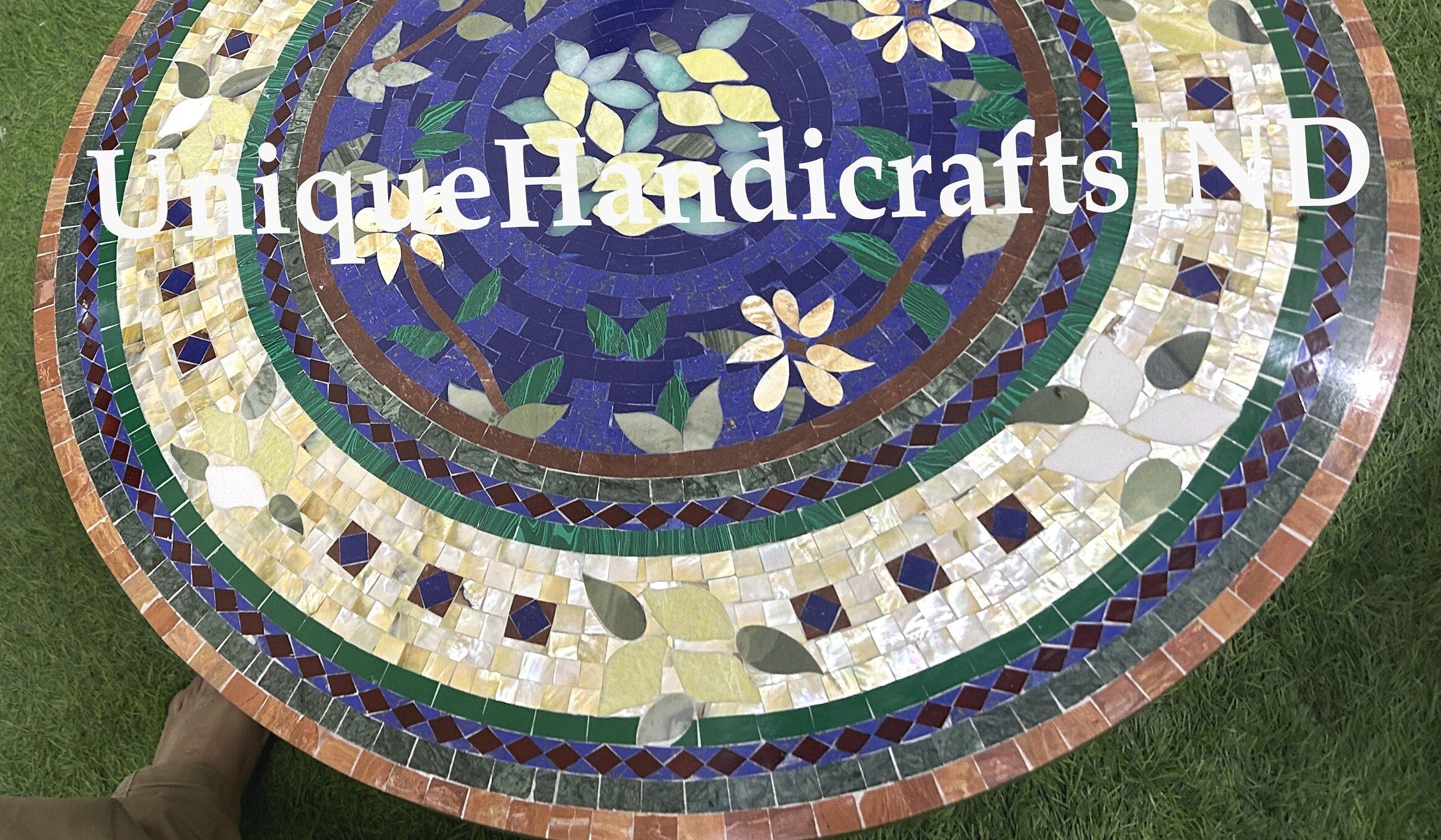 Handmade Marble Dining Table Top,Inlay lapis semi-precious Stones Mosaic Art, Centre Table Coffee Table Home Decor Furniture Unique Handicrafts IND