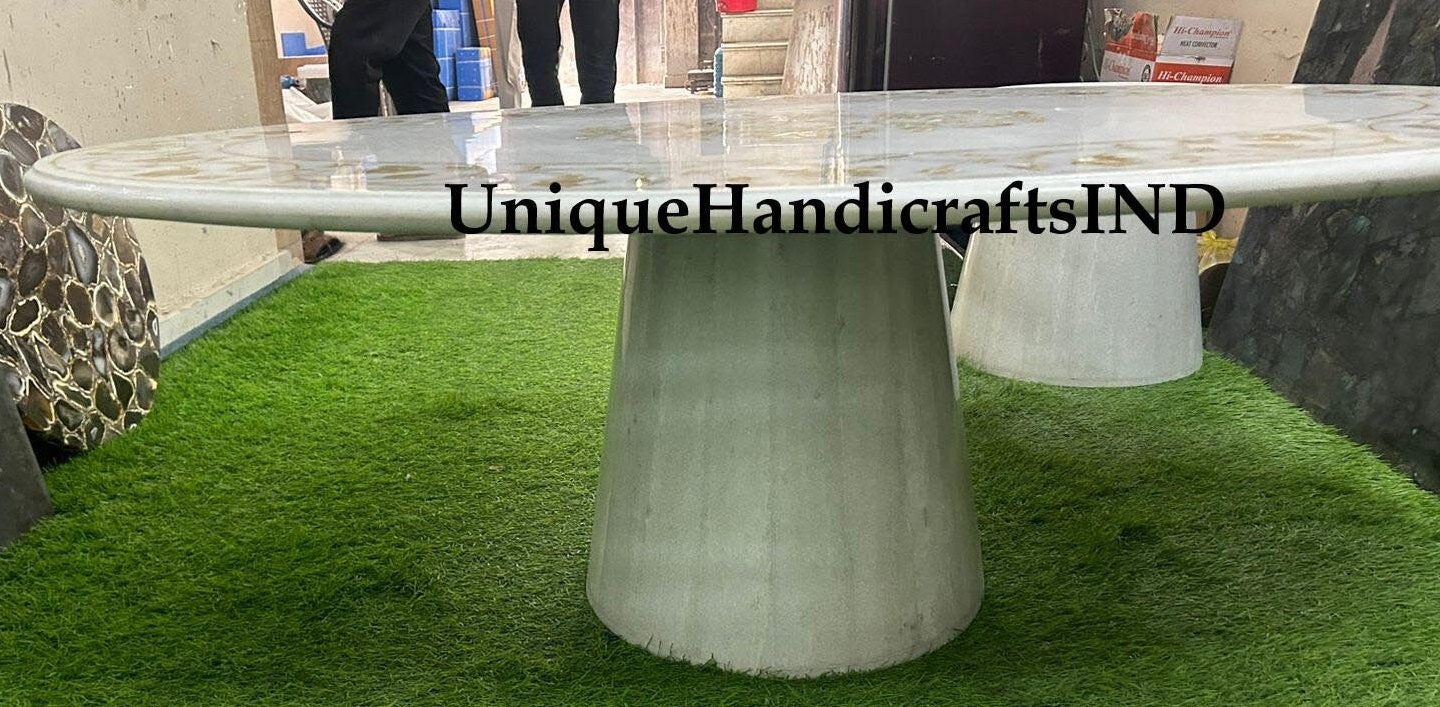 Oval Marble Dining Table Top with Mother of Pearl Stone Inlay Work Table Floral Design Home Decor Furniture Unique Handicrafts IND