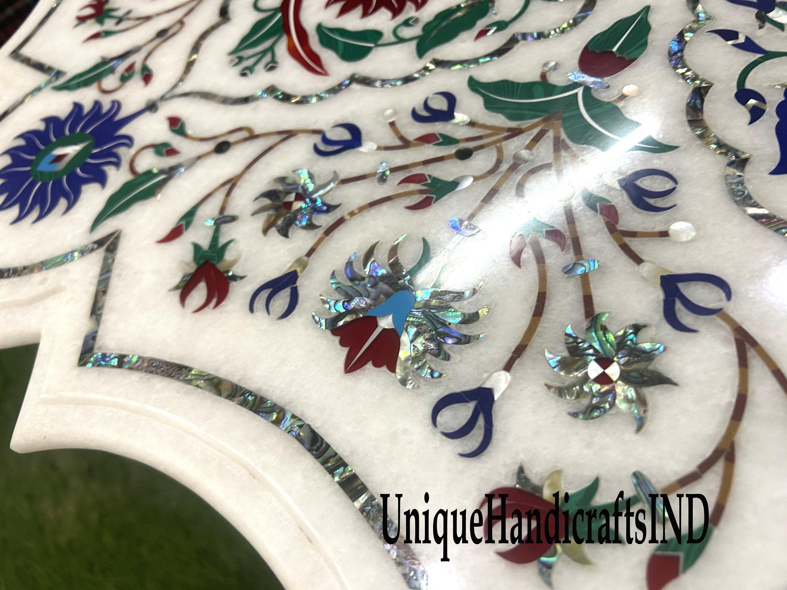 Marble Coffee Table Top Lapis Fine Floral Semi Precious Stones Inlay Marquetry Art Handmade Home Decor Furniture Unique Handicrafts IND