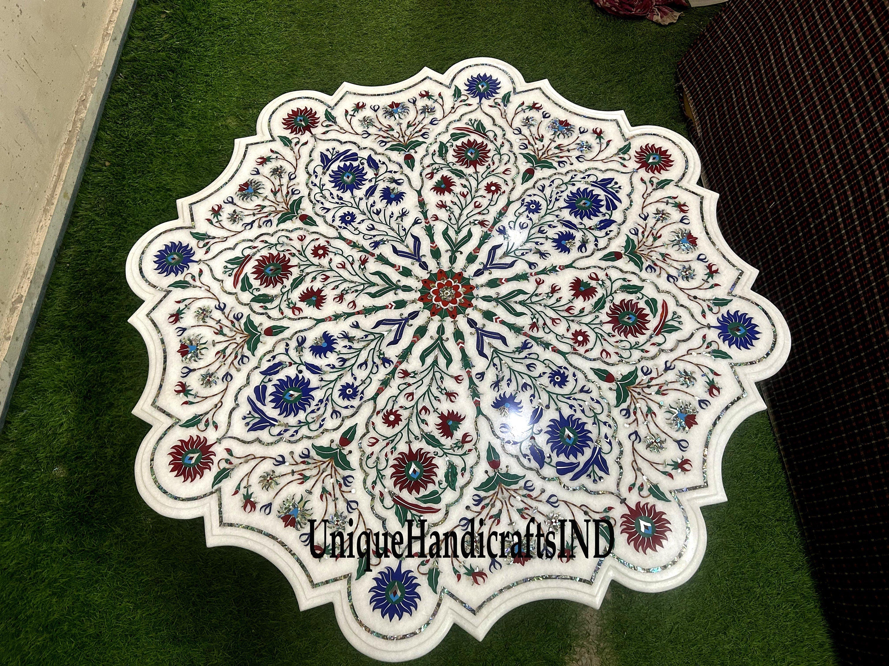 Marble Coffee Table Top Lapis Fine Floral Semi Precious Stones Inlay Marquetry Art Handmade Home Decor Furniture Unique Handicrafts IND