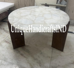 White Quartz Coffee Table with wooden legs 16" tall Unique Handicrafts IND