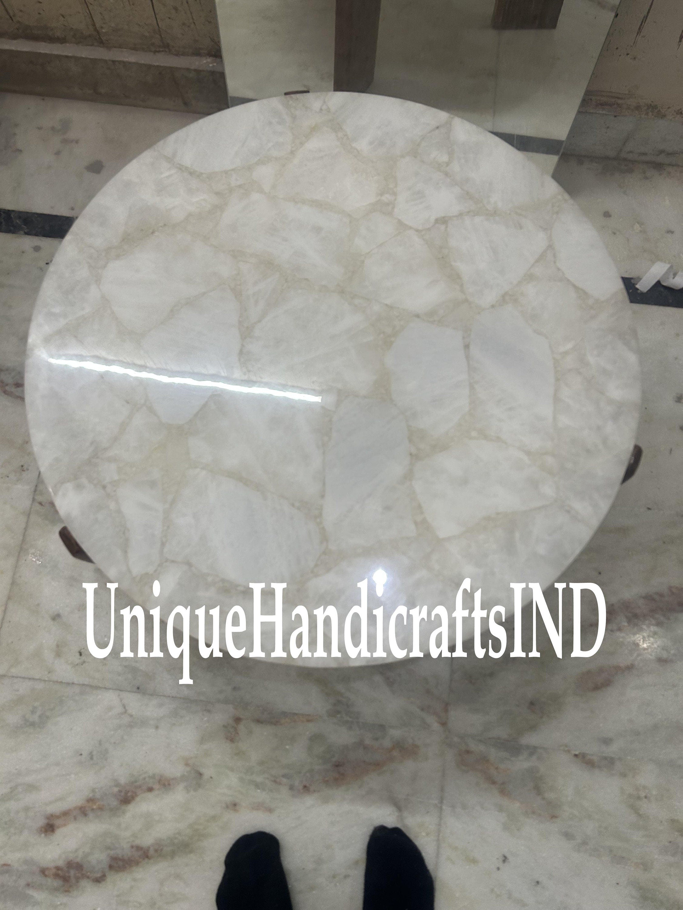 Natural Quartz Table Top for Home Décor Interior White Quartz Round Coffee Side End Round Center Table Top Quartz Desk Table Top Unique Handicrafts IND