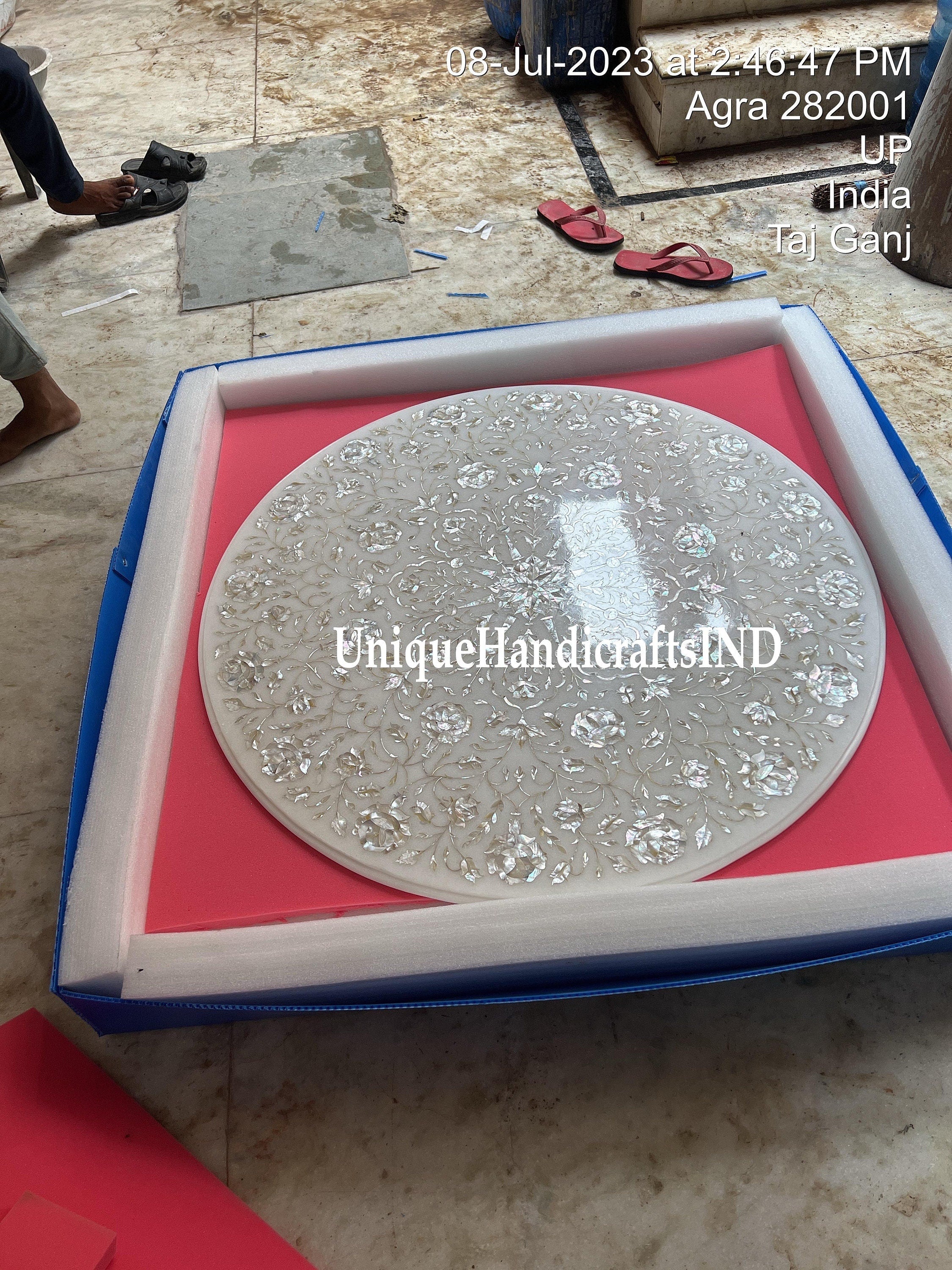Marble Coffee Table Top with Mother of Pearl Stone Inlay Marquetry Floral Art Handmade Home Decor Furniture Unique Handicrafts IND