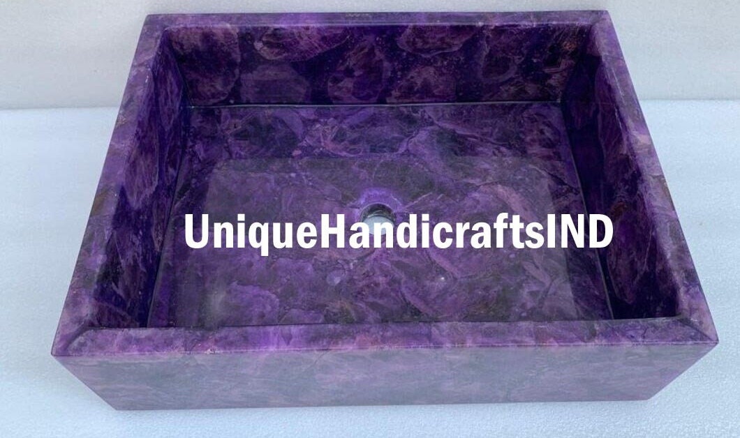 Amyhtehst Natural Stones Wash Basin  , Purple Amyhtehst Stone Sink Wash Basin Counter Top Random Amethyst Stone ,Bathroom & kitchen Décor Unique Handicrafts IND