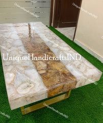White Agate stone with golden Petrified /Marble Coffee,Dinning Table Top, Counter Top Handmade Interior Furniture Decor Unique Handicrafts IND