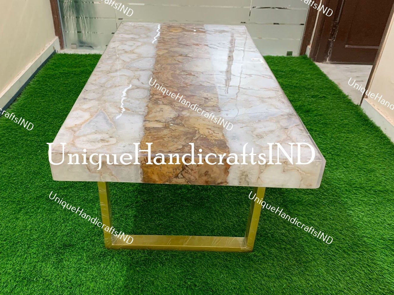White Agate stone with golden Petrified /Marble Coffee,Dinning Table Top, Counter Top Handmade Interior Furniture Decor Unique Handicrafts IND