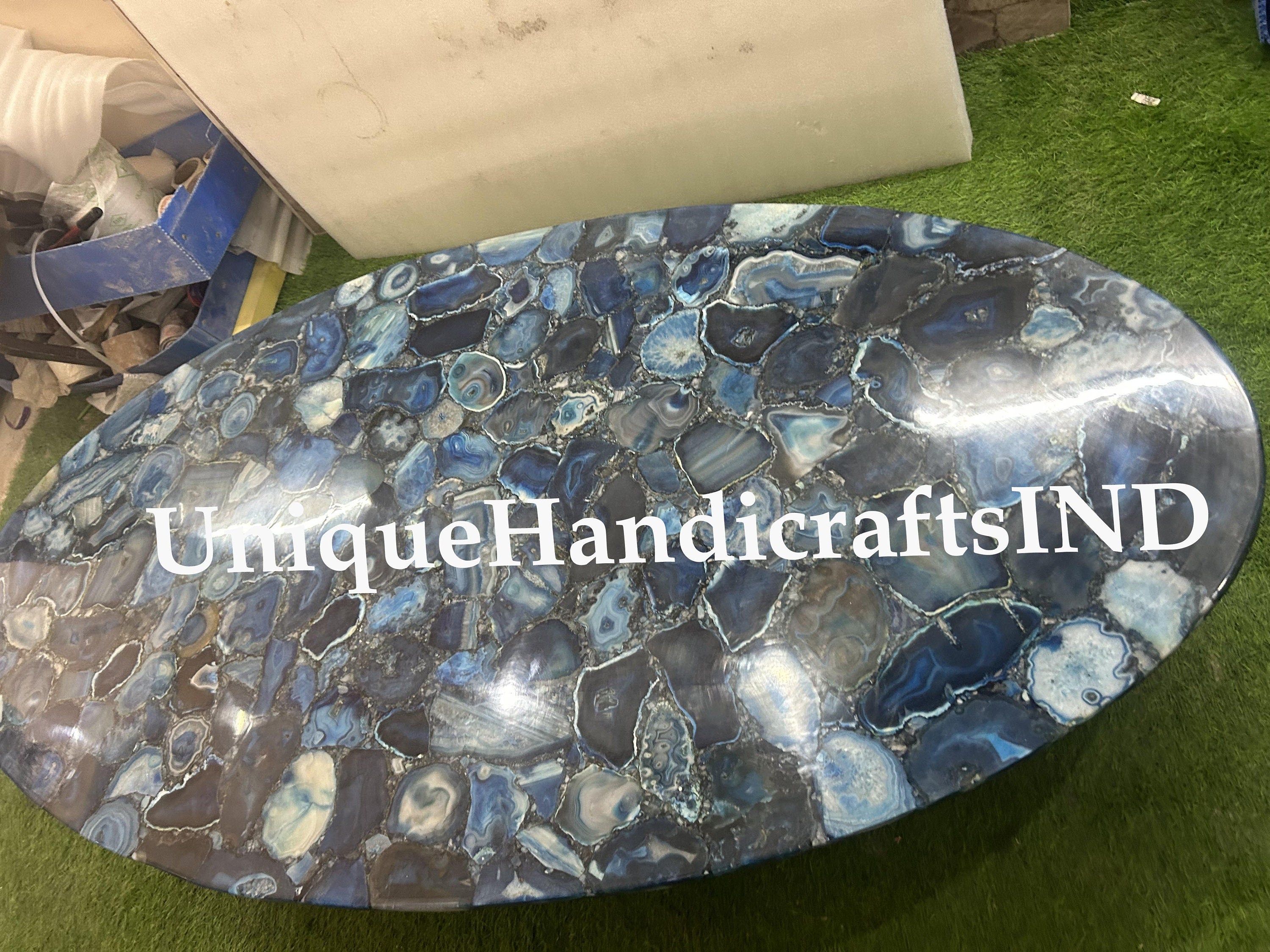Blue Agate Oval Table Top, Blue Agate Gemstones Table Top, Coffee Table, Dining Table, Centre Table Top, Countertop Dining Room Furniture Unique Handicrafts IND