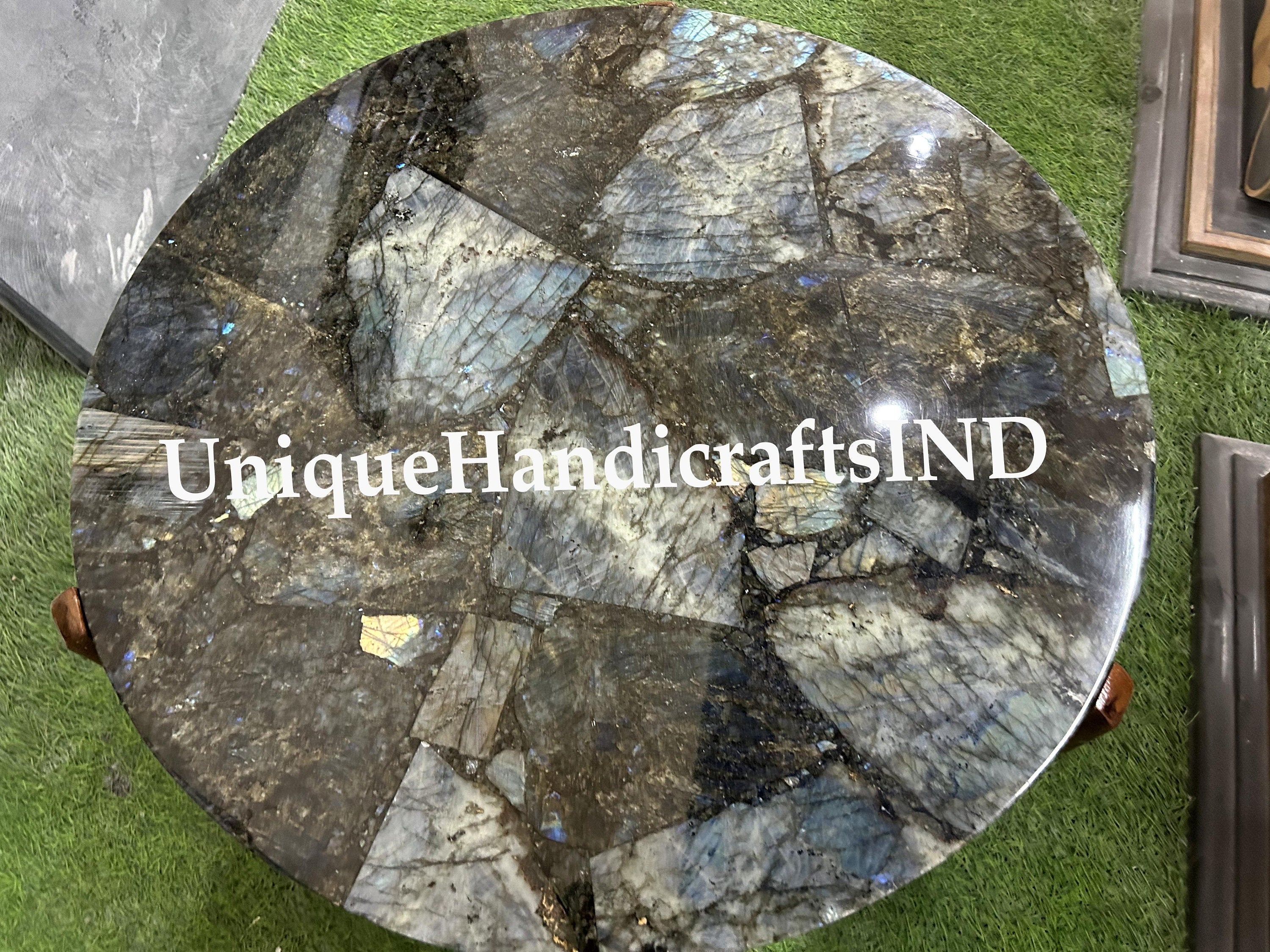Coffee Table Labradorite Gems stone/Bed side Table, Dining Table, for Home and Office,Labradorite Round Coffee Table with legs 16" inch tall Unique Handicrafts IND