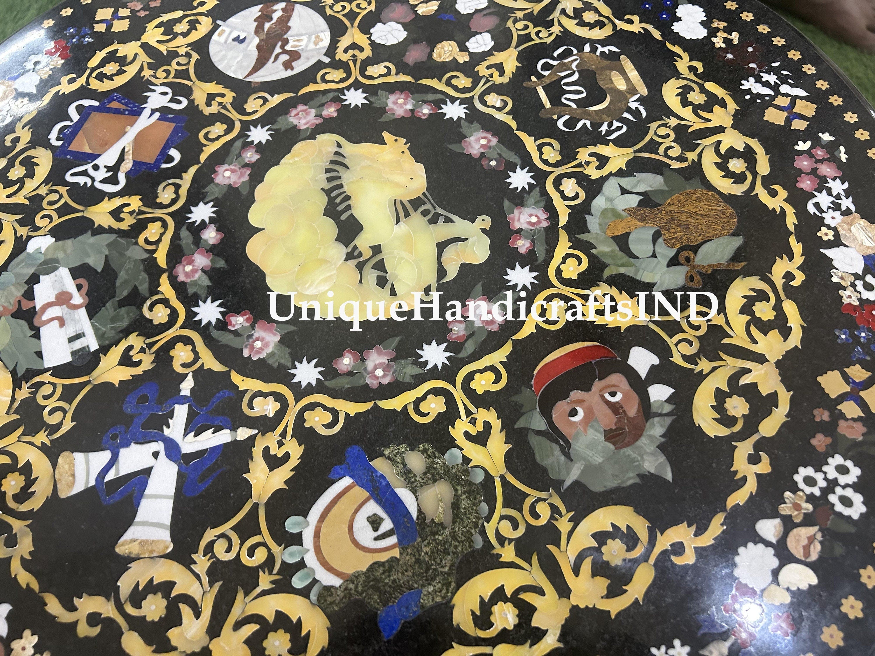 Marble Inlay Coffee Table /Dining Table top In Round Shape Semi Precious Inlay Stone Chariot Pietra Dura Art Decorative Handmade Furniture Unique Handicrafts IND