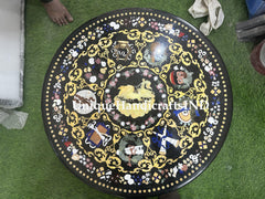 Marble Inlay Coffee Table /Dining Table top In Round Shape Semi Precious Inlay Stone Chariot Pietra Dura Art Decorative Handmade Furniture Unique Handicrafts IND