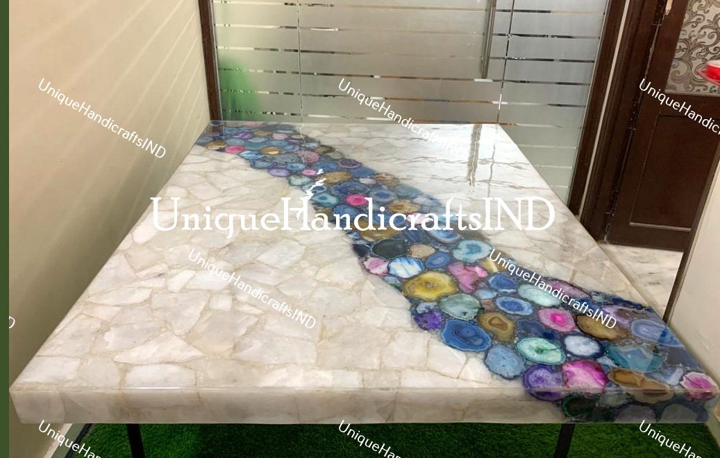 Agate Dining Table, White Quartz Mix Agate Table, Natural Agate Dining Table Top, Botswana Agate Table, Agate Console Table Hallway Decor Unique Handicrafts IND