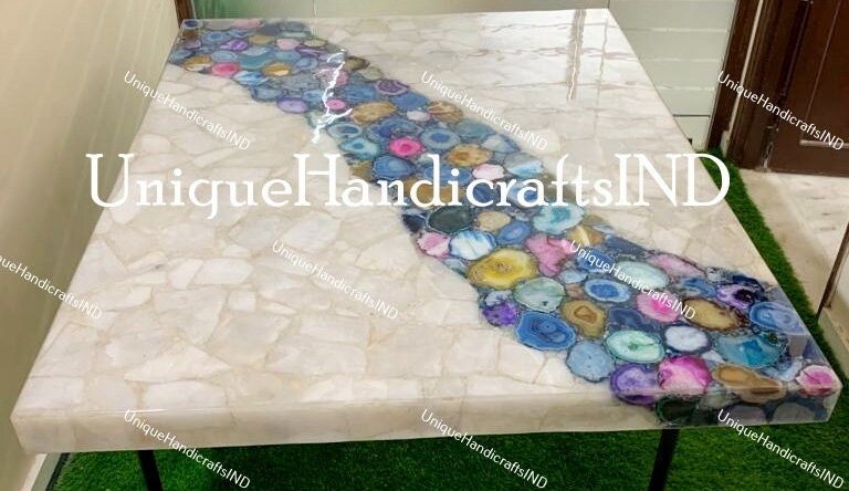 Agate Dining Table, White Quartz Mix Agate Table, Natural Agate Dining Table Top, Botswana Agate Table, Agate Console Table Hallway Decor Unique Handicrafts IND