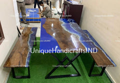 Epoxy Table Top / Wooden Epoxy Dining Table Top / Blue Ocean River Epoxy Table / Rectangular wood table Handmade rustic end tables Unique Handicrafts IND