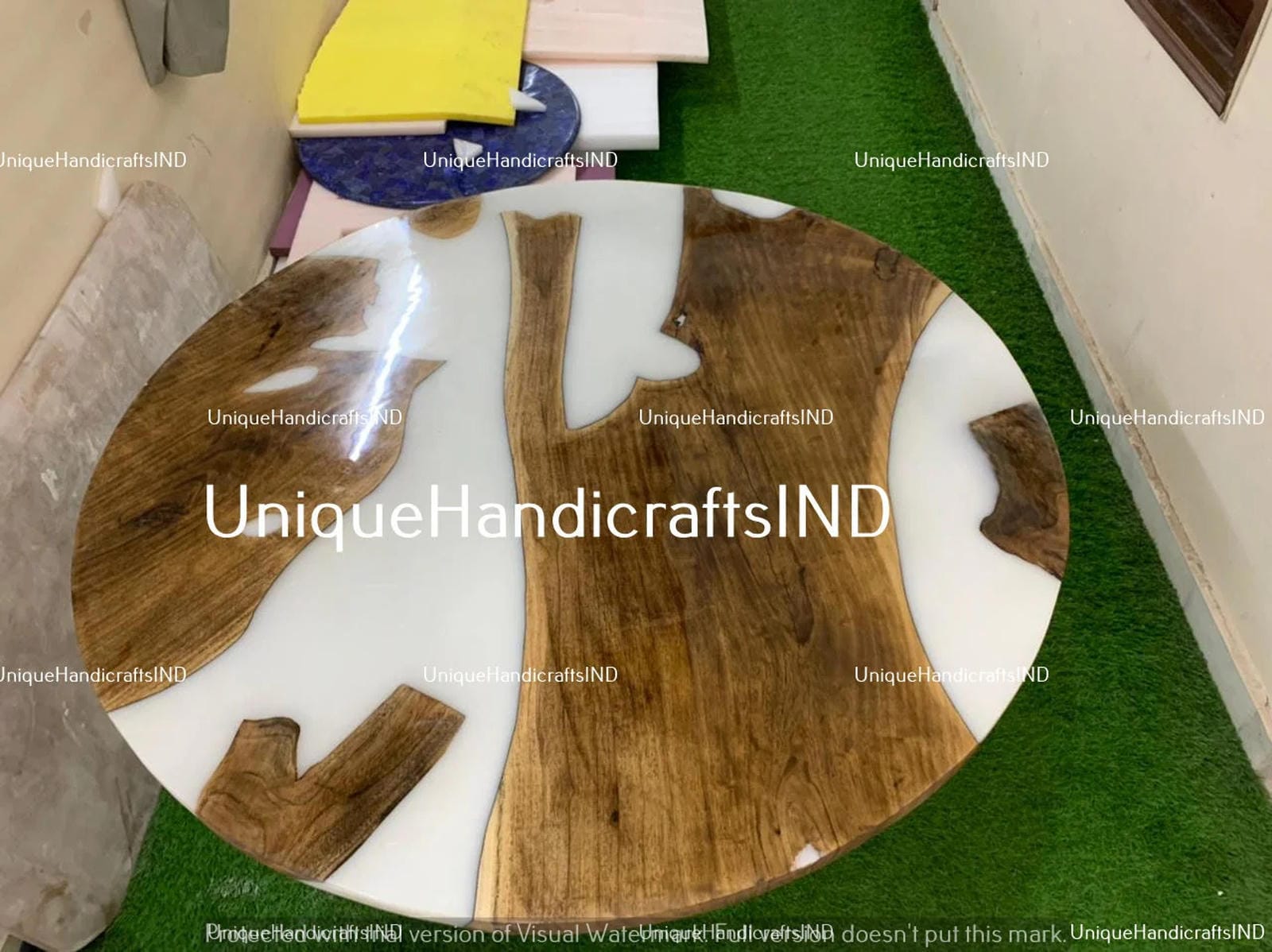 White Epoxy Table, Epoxy River Table, Round Wood & Epoxy Table, Epoxy River Table, Round Wooden Design Handmade Furniture For Home Décor Unique Handicrafts IND