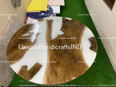 White Epoxy Table, Epoxy River Table, Round Wood & Epoxy Table, Epoxy River Table, Round Wooden Design Handmade Furniture For Home Décor Unique Handicrafts IND