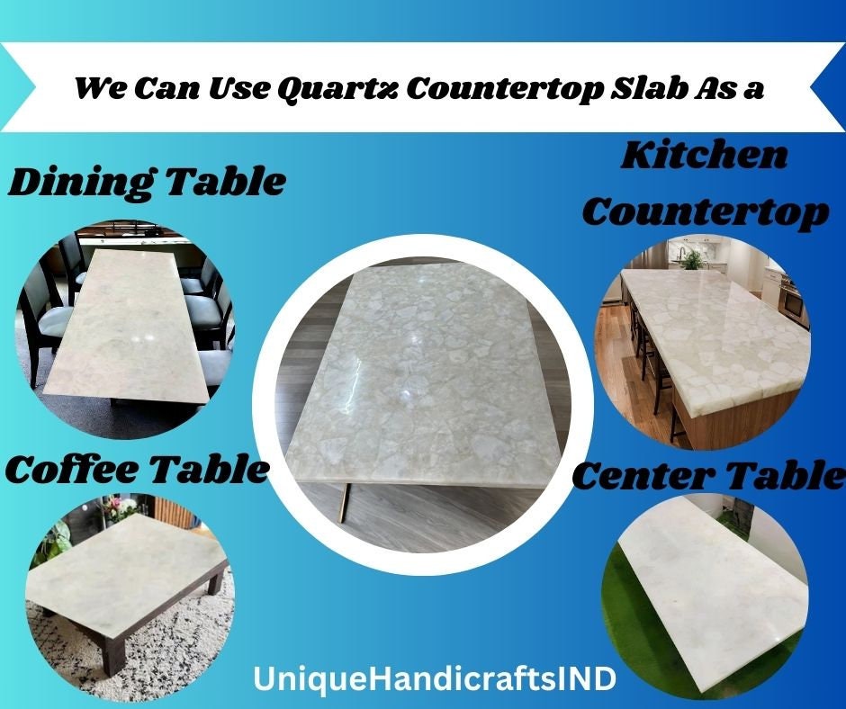 Rectangular White Quartz Table Tops, Stone Kitchen Island Countertop Slab for Home, Custom Office Meeting Desk Luxury Modern Interiors Unique Handicrafts IND