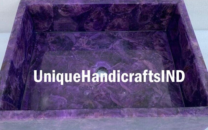 Amyhtehst Natural Stones Wash Basin  , Purple Amyhtehst Stone Sink Wash Basin Counter Top Random Amethyst Stone ,Bathroom & kitchen Décor Unique Handicrafts IND