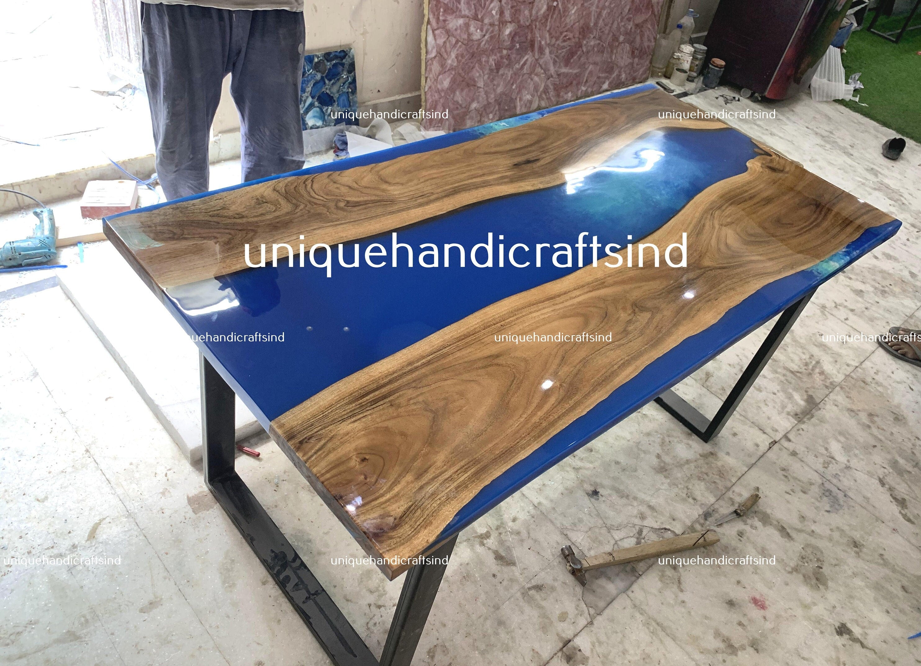 Blue Epoxy Table Top, Epoxy Resin Table, Dining, Center Table, Epoxy Resin River Table, Handmade Home decoration, Living Room Furniture Unique Handicrafts IND