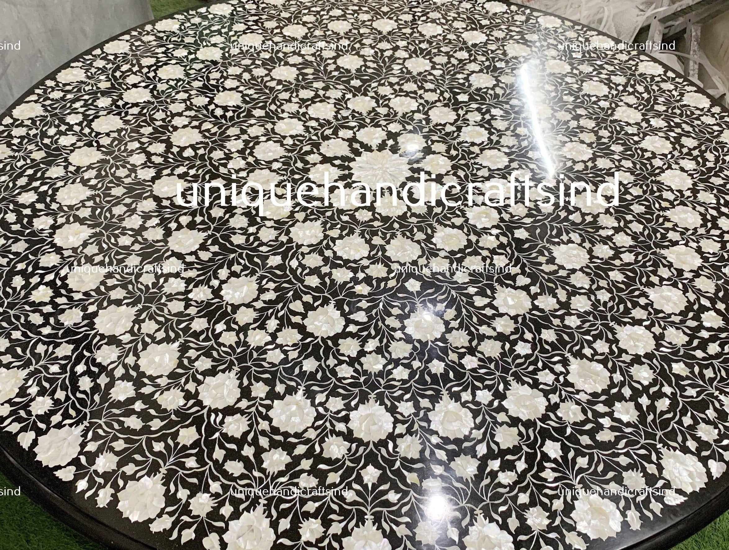 Round Black Marble Inlay Table With Mother of Pearl Stone Inlay Work Art Handmade Kitchen Décor Furniture With Marble Base Unique Handicrafts IND