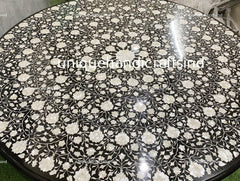 Round Black Marble Inlay Table With Mother of Pearl Stone Inlay Work Art Handmade Kitchen Décor Furniture With Marble Base Unique Handicrafts IND