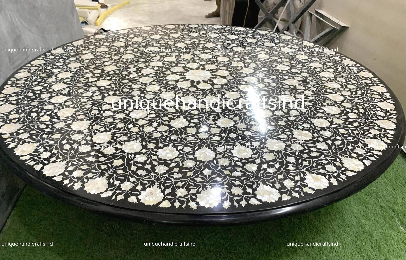 Round Black Marble Inlay Table With Mother of Pearl Stone Inlay Work Art Handmade Kitchen Décor Furniture With Marble Base Unique Handicrafts IND